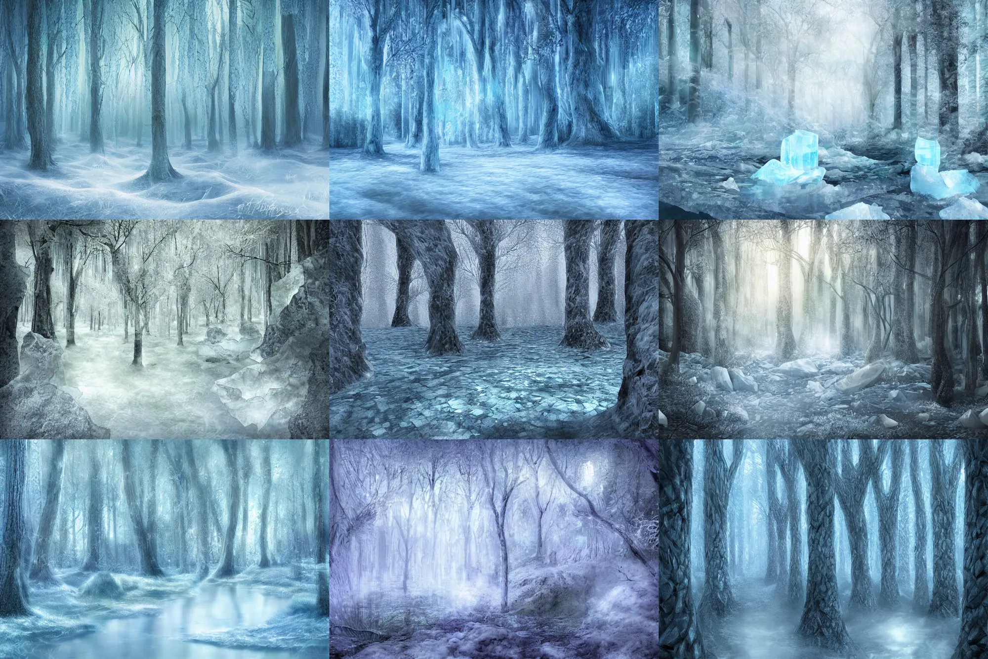 Prompt: wall made of ice, dividing a forest, fantasy, digital art