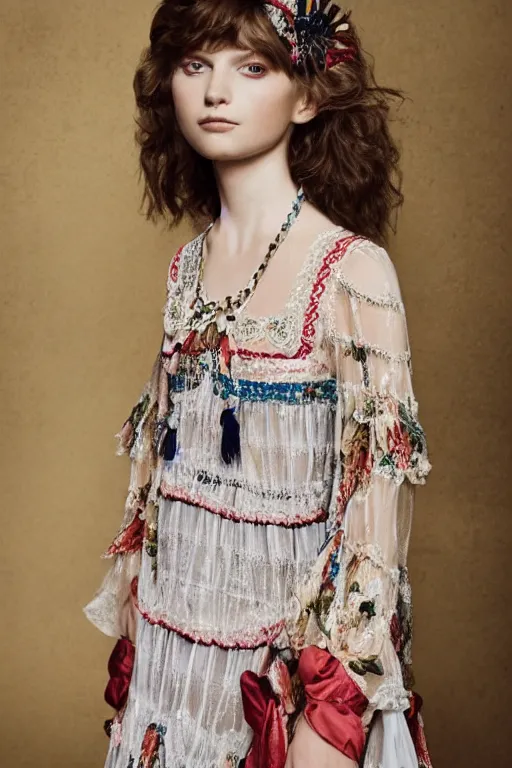 Image similar to hungarian folk costume made by valentino resort ss 2 0 1 6, sheer layered floral dress, chain jewelry, coin veil, cute young model portrait