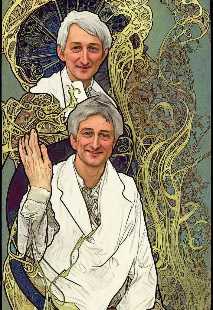 Image similar to realistic white - haired geoffrey hinton on a tarot card, tarot in art style by alphonse mucha