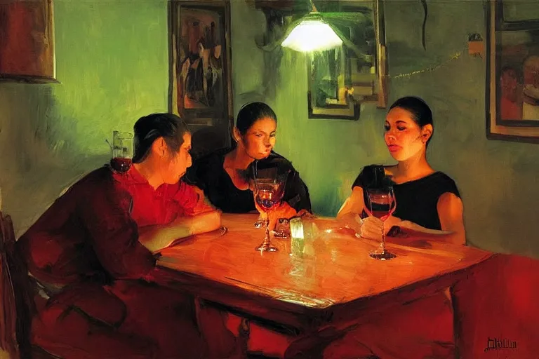 Image similar to cholas drinking brutal and raw wine, inside a tiny green room with red lights by joaquin sorolla, greg rutkowski, bill sienckiwicz, extremely detailed