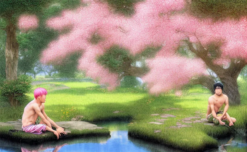 Image similar to pink haired young asian man backlit staring at black haired young asian man from across a pond, by alan lee, muted colors, springtime, colorful flowers & foliage in full bloom, sunlight filtering through trees & skin, digital art, art station cfg _ scale 9