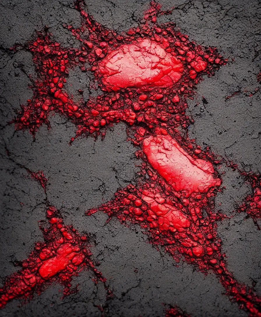 Image similar to hyper realistic super macro blood on tar, art by greg rutkowski, intricate, ultra detailed, photorealistic, black and red colors, trending on artstation, octane render, 4 k, 8 k