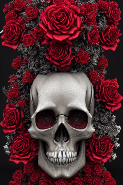 Image similar to skull made of red roses, organic horror, devil, death, giger, epic, baroque, art nouveau, james jean, photorealistic render, 3 ds max + v - ray, extremely detailed and intricate, center composition, elegant, vfx, unreal engine 5, octane render, extremely contrast, extremely sharp lines