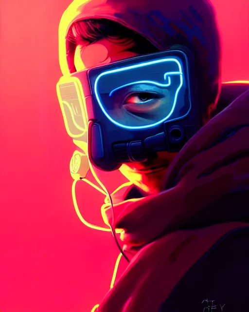 Image similar to cyberpunk synth, hyper - realistic detailed portrait of a man in a hoodie, with neon projection mask, digital painting, by atey ghailan, by greg rutkowski, by greg tocchini, by james gilleard, by joe fenton, by kaethe butcher, sharp focus