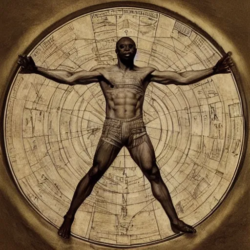 Prompt: Usain Bolt as the Vitruvian Man by leonardo da vinci, detailed, 8k, realistic, intricate blueprint in the style of Franz Xaver Winterhalter