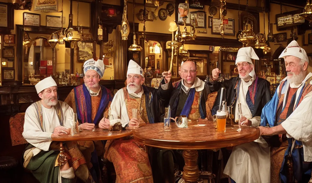 Prompt: the three wise men in period regal clothing in a wetherspoons pub having a pint