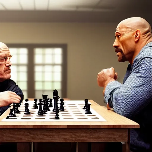 Image similar to photo of walter white and dwayne johnson playng chess, detailed 4 k