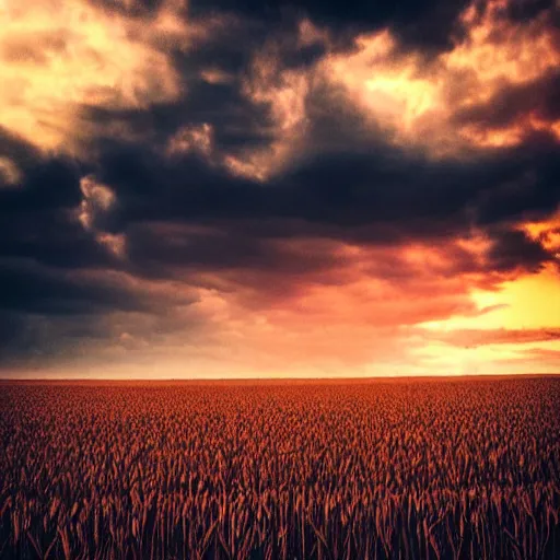 Prompt: crop field at sunset, ominous sky, professional dslr photo, computer art, concept art, insane detail, beutiful landscape, creative composition, instagram photo