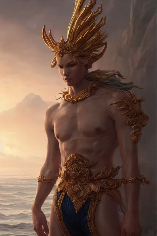 Prompt: young male sea god of the vietnamese, highly detailed, digital painting, artstation, concept art, smooth, sharp focus, illustration, unreal engine 5, 8 k, art by artgerm and greg rutkowski and edgar maxence