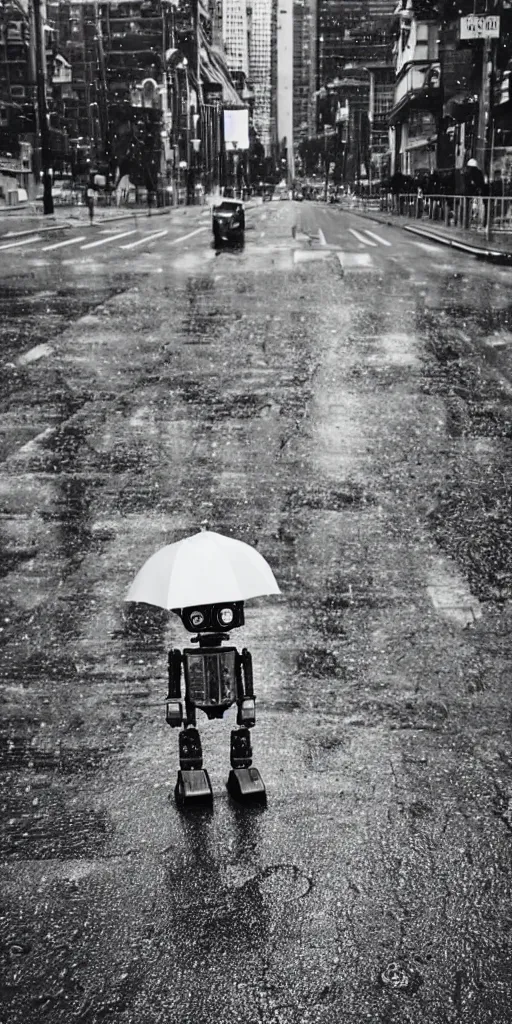 Image similar to robot on the road, city, photo, rain,