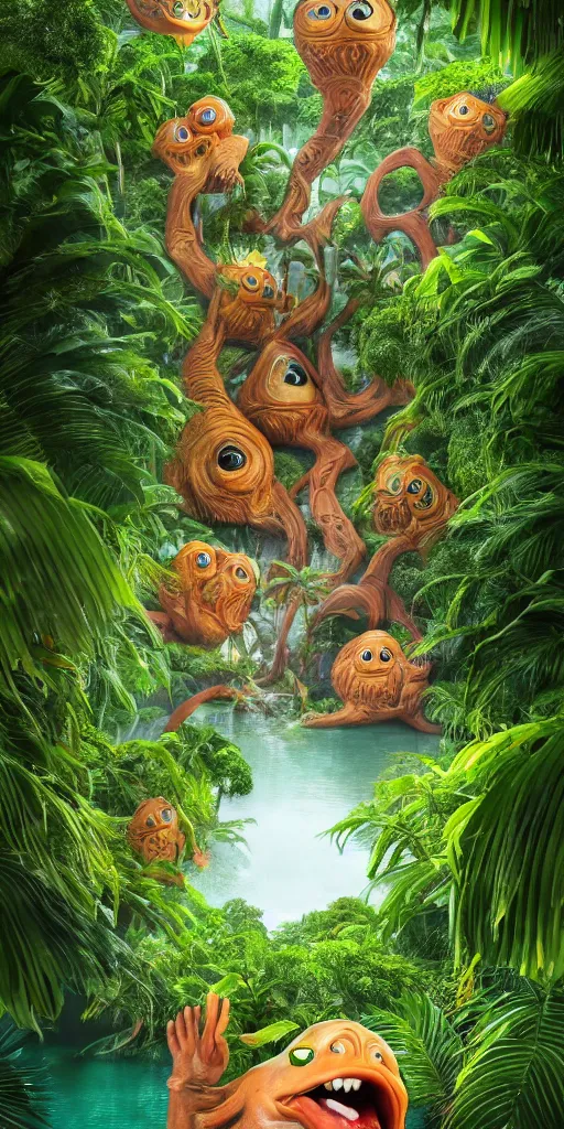 Image similar to of a tropical rainforest lake with strange cute friendly happy creatures with huge eyes, mouth, long tongue, round teeth and goofy face, appearing from the treesl, in the style of gehry and gaudi, macro lens, shallow depth of field, ultra detailed, digital painting, trending artstation, concept art, illustration, cinematic lighting, photorealism, epic, octane render