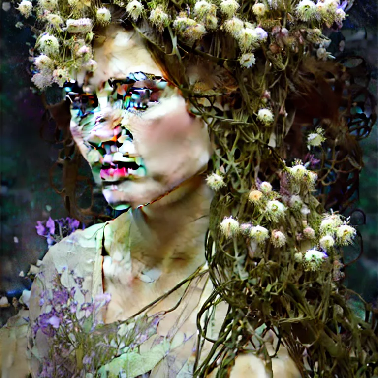 Prompt: hyperrealist realistic wonderful face portrait of a queen, it is decorated with white flowers on the head that fall like vines and wears a huge computer crown. by jeremy mann and alphonse mucha, fantasy art, photo realistic, dynamic lighting, artstation, poster, volumetric lighting, very detailed faces, 4 k, award winning