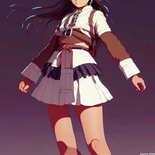 Image similar to a beautiful plus sized natalie portman model, brown skin, wearing catholic school girl outfit with mayan pattern and native style, jrpg aztec street fashion, gapmoe yandere grimdark, trending on pixiv fanbox, painted by greg rutkowski makoto shinkai takashi takeuchi studio ghibli, akihiko yoshida