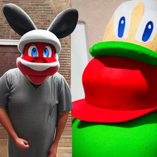 Image similar to big chungus in real life dressed like mario, super mario, big chungus, high resolution photo