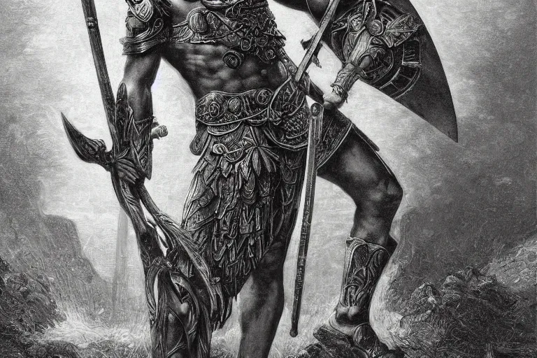 Prompt: highly detailed picture of great greek warrior with a spear, edge of the universe, symmetrical face, cinematic romantic magical, greek myth, masterpiece, from the book by gene wolfe, highly detailed painting by gustave dore