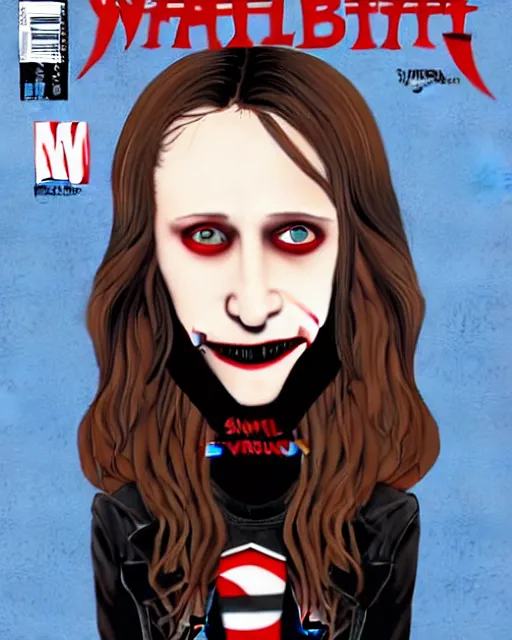 Image similar to beautiful vampire Taissa Farmiga, Rafael Albuquerque comic cover art, sharp vampire teeth, sarcastic smile showing teeth, symmetrical eyes, realistic face, symmetrical face, brown leather jacket, jeans, long black hair, full body