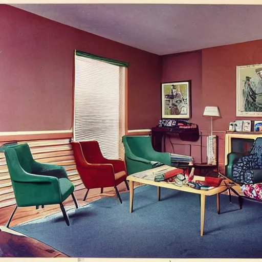 Prompt: a typical American living room from the early 1950s