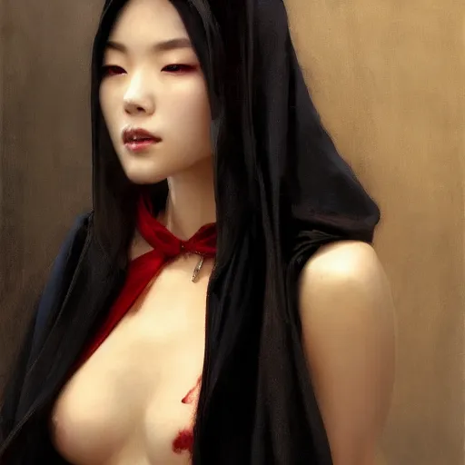 Image similar to detailed cinematic wide shot of beautiful attractive hoyeon jung asian vampire woman wearing black bath robe slim face symettrical face clean skin black eyes black robe smooth, sharp focus, ultra realistic, spring light, painting by gaston bussiere, craig mullins, j. c. leyendecker