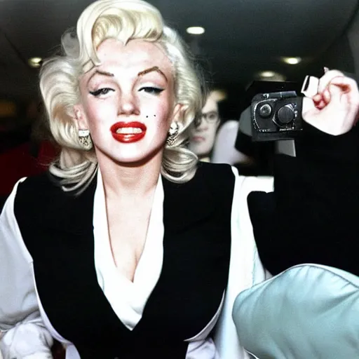 Prompt: a cheap point and shoot camera photography of marilyn monroe as a flight attendent in 1998