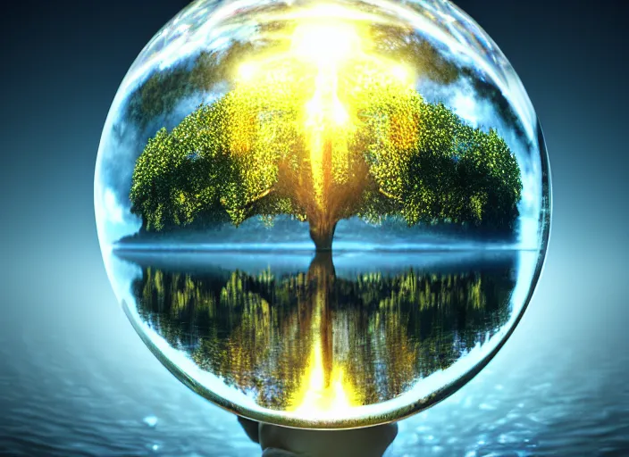 Image similar to glowing transparent crystal ball on a beautiful lake, radiant light, tree of life inside the ball, intricate details, reflections on the water, ripples, moody sky, hyperdetailed illustration by mark brooks, by yuumei, unreal engine 5, low light, rule of thirds