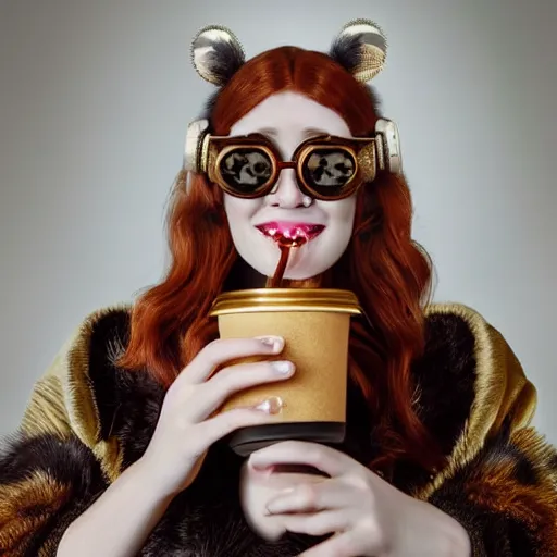 Image similar to a stunning hyper-detailed closeup portrait photo of a beautiful smiling bespectacled woman with long auburn hair and bangs, wearing a luxurious robe, wearing steampunk headphones and posing with her raccoons and parrots in an overstuffed easy chair in her sunlit living room, holding a coffee cup and a donut and smoking an elaborate hookah, perfect eyes, octane render, unreal engine, 85 mm lens,