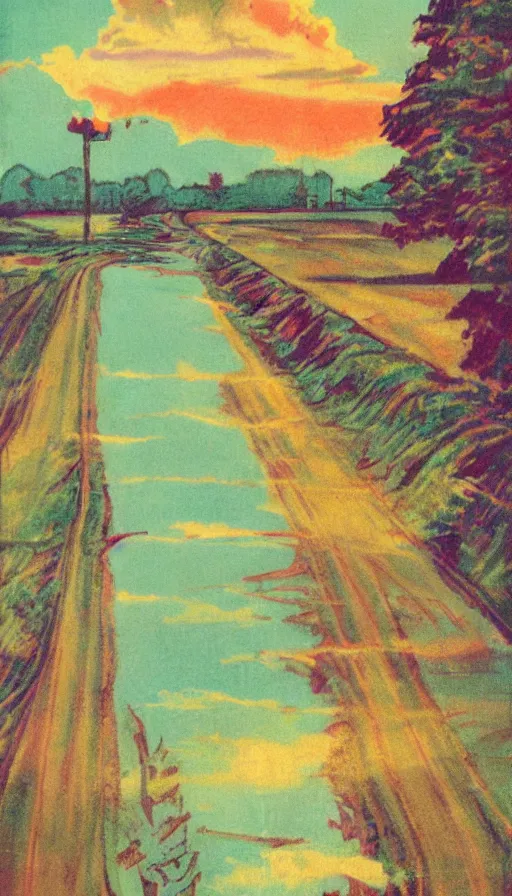 Image similar to paperback book cover. 1 9 5 0 s. pure colors, melting clouds, accurately drawn details, a sunburst above a receding road with the light reflected in furrows and ruts, after rain. and no girls.