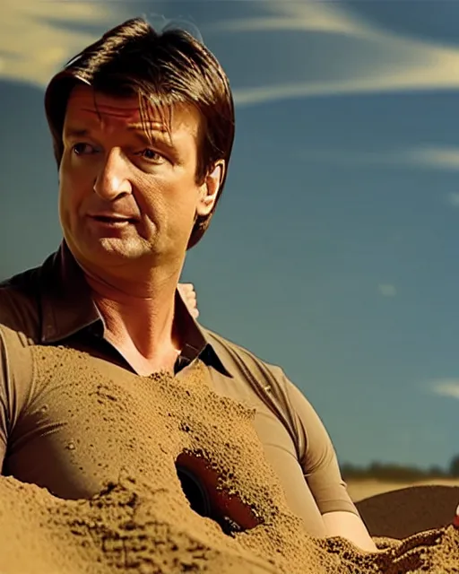 Image similar to nathan fillion as a sandcastle, beautiful composition, cinematic lighting