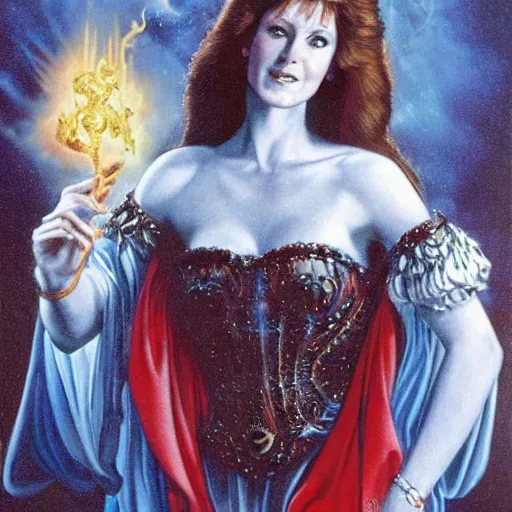 Image similar to marvellous enchanting beautiful anni - frid lyngstad in the style of jeff easley and michelangelo