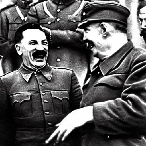 Image similar to stalin laughing along hitler in a ww 2 photograph