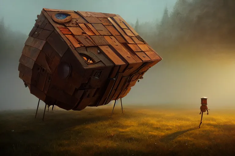 Prompt: a walking wood house with two mechanical legs, rust, hyperrealistic, highly detailed, cinematic, single ray of sun, fog, beautiful, cgssociety, artstation, 8 k, oil painting