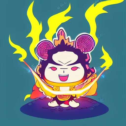 Image similar to kawaii wacky fluffy popcorn with lightning bolt power, yokai, in the style of a manga character, with a smiling face and flames for hair, sitting on a lotus flower, white background, simple, clean composition, symmetrical