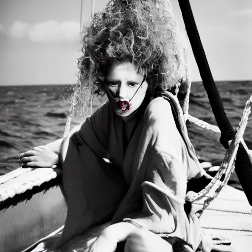 Image similar to a beautiful english woman with a long face narrow nose pale skin blue eyes red lips and wild messy tangles of curly white blonde hair leaning over the side of a sailing ship and throwing up, high resolution film still wearing a black robe and skull necklace and holding a spear, sandy, a journey to the west