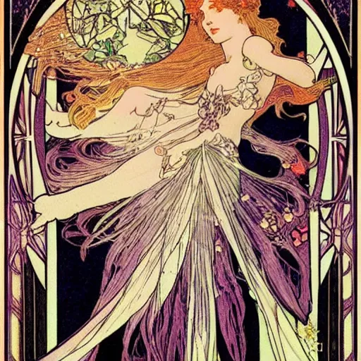 Prompt: princess fairy creating parallels universes, art nouveau by Mucha, beautiful detailed illustration