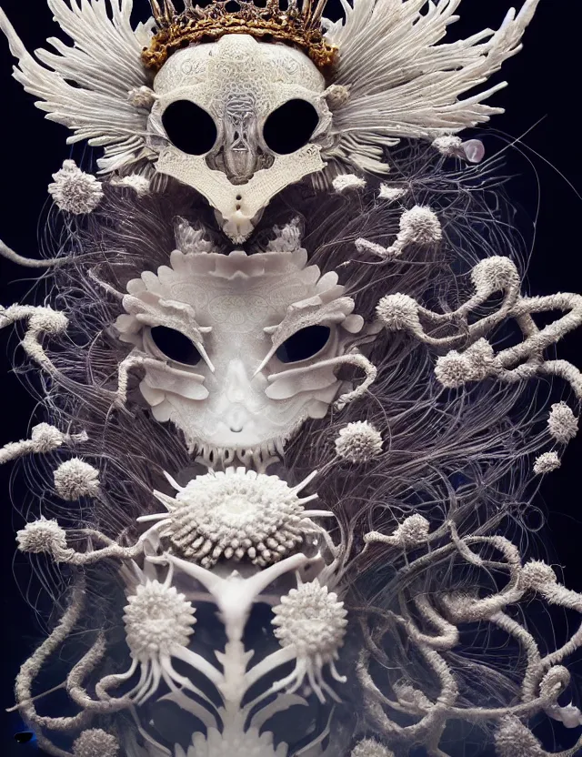 Image similar to goddess macro close - up portrait wigh crown made of ram skull. beautiful intricately detailed japanese crow kitsune mask and clasical japanese kimono. betta fish, jellyfish phoenix, bioluminiscent, plasma, ice, water, wind, creature, super intricate ornaments artwork by tooth wu and wlop and beeple and greg rutkowski