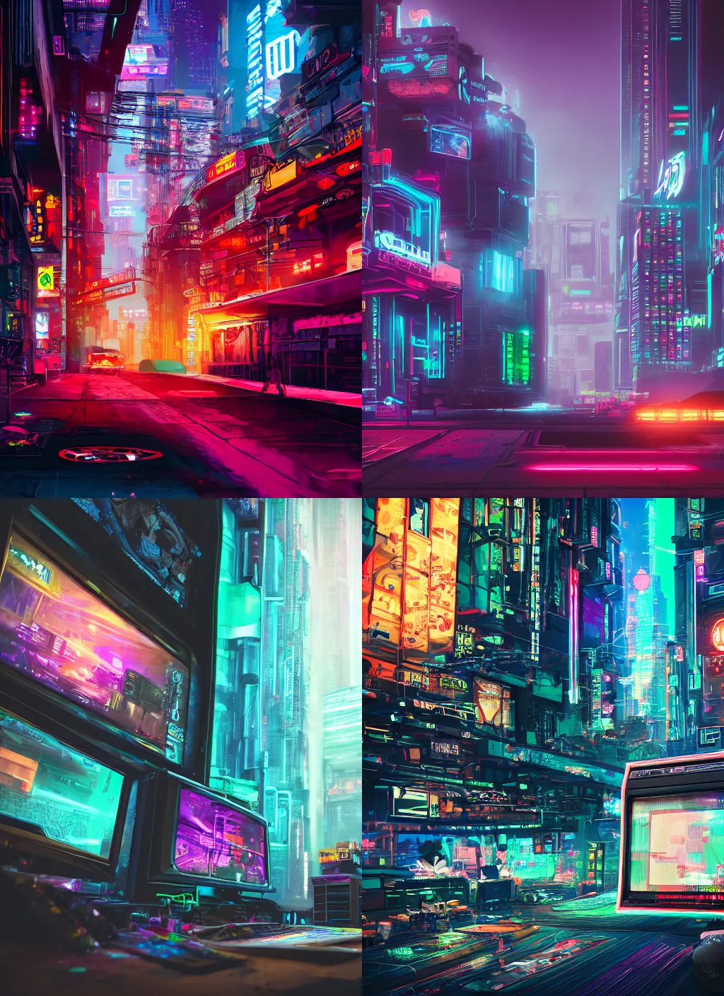 Painting Of A Gaming Computer With A Cyberpunk City Stable Diffusion 