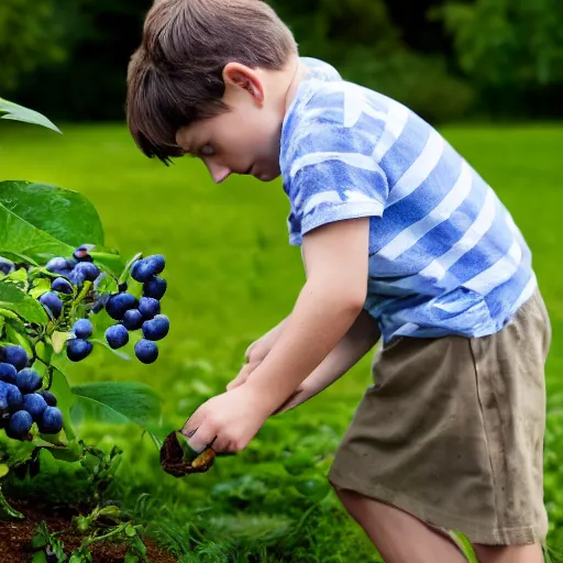 Image similar to a boy steals blueberries from a british garden, hyper realistic, 4 k, photo