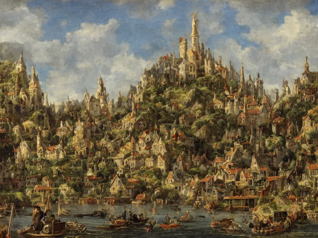 Image similar to a fantasy village, viewed from the harbor, by jean - baptist monge,