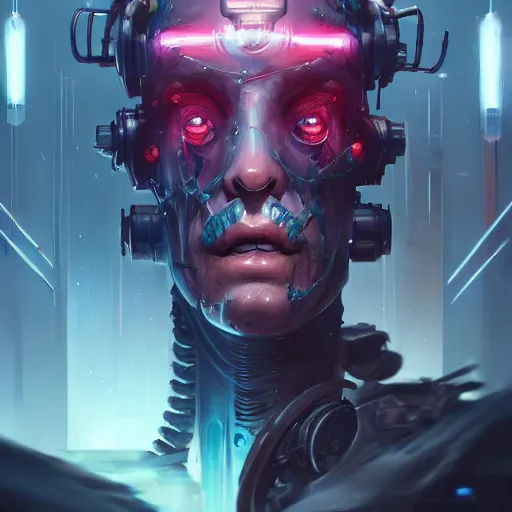 Prompt: a portrait of a cybernetic frankenstein monster, cyberpunk concept art by pete mohrbacher and wlop and artgerm and josan gonzales, digital art, highly detailed, intricate, sci-fi, sharp focus, Trending on Artstation HQ, deviantart, unreal engine 5, 4K UHD image