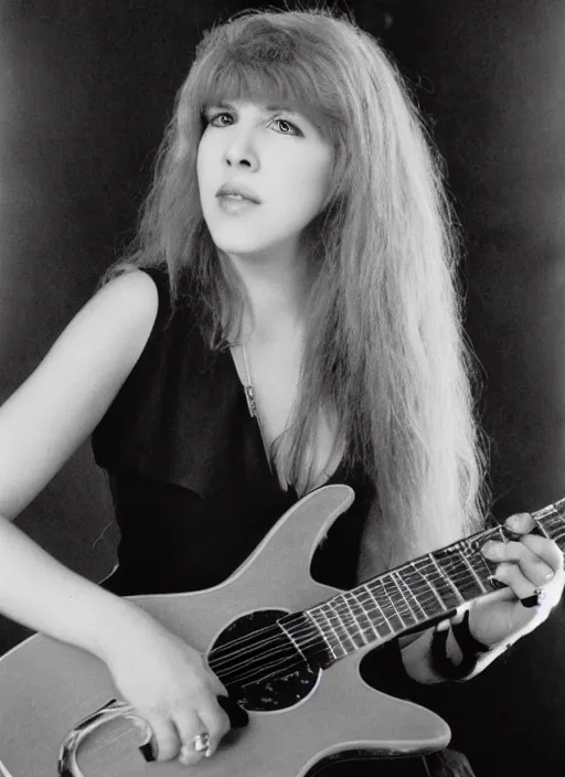 Image similar to dslr portrait photo still of 2 4 year old stevie nicks at age 2 4 with red hair playing a guitar, 8 5 mm, f 1. 8