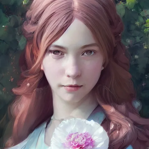 Image similar to a highly detailed portrait of sisters with purpure very very long hair, There are large snow-white peonies in the background, artstation, highly detailed, portrait, by krenz cushart