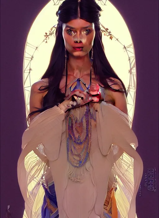 Image similar to portrait of pocahontas, intricate, elegant, highly detailed, my rendition, digital painting, artstation, concept art, smooth, sharp focus, illustration, art by artgerm and greg rutkowski and alphonse mucha and uang guangjian and gil elvgren and sachin teng, symmetry!!