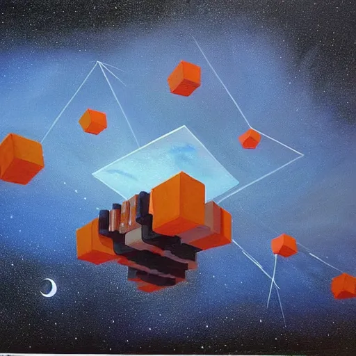 Image similar to a painting by ralph mcquarrie of floating molecules and icosahedron with stars, clouds, and rainbows in the background, trending on artstation, masterpiece, incredible details