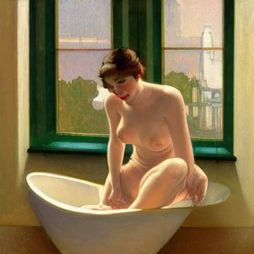 Prompt: realistic oil painting of young woman in a bathtub full of milk, smiling with her eyes closed as she washes herself, city lights from art deco window, hopper, mucha, irene patten, manara,