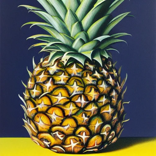 Image similar to le fils de l'homme but with a pineapple, painting by rene magritte, high detail, high resolution