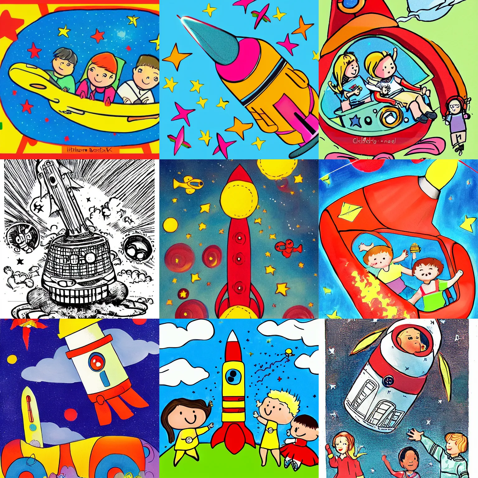 Prompt: the children climbed into the rocket ship and blasted off into the sky . , Childrens Illustration, in the style of Dorothy Brook