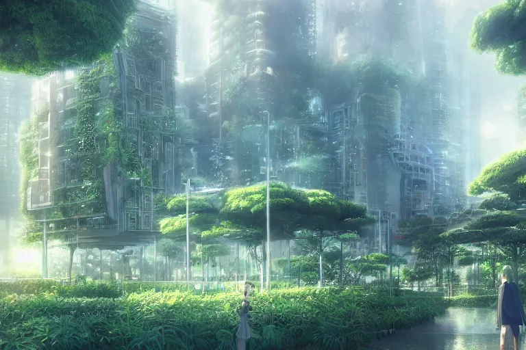 Prompt: futuristic city, lush vegetation, humid, early evening, cloudy, beautiful, dull pastel colors, realistic, hyper detailed, octane render, trending on artstation by yoshitaka amano and makoto shinkai, studio ghibli style