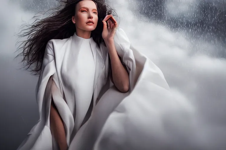 Image similar to a cinematic bust portrait of a beautiful model woman wearing long white futuristic coat, on the top of a mountain, large diffused light, neon light, 4 k, ultra realistic, dramatic lighting, rain, clouds, fog, vogue, fashion, glamour, magazine spread, by marco mazzoni and jessica rossier