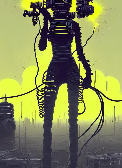 Image similar to highly detailed portrait of wasteland punk long curly bright yellow and white plasma electricity hair tribal lady, stray electric spark wiring by atey ghailan, james gilleard, by joe fenton, by greg rutkowski, by greg tocchini, by kaethe butcher, 4 k resolution, gradient yellow, black and white color scheme!!! ( ( lightning cloudy robotic dystopian city background ) )