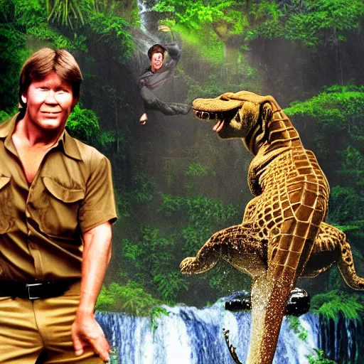 Image similar to steve irwin with dingo and crocodile ( ( ( ( bruce lee ) ) ) ), waterfall background, epic detailed cinematic photography