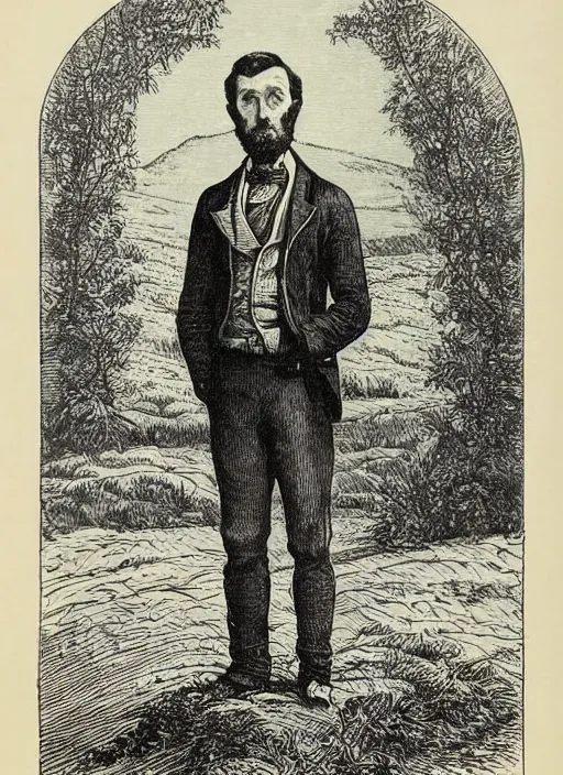 Prompt: 19th century wood-engraving of a man stand in front of a field looking confused, whole page illustration from Jules Verne book, art by Édouard Riou Jules Férat and Henri de Montaut, frontal portrait, high quality, beautiful, highly detailed, removed watermarks